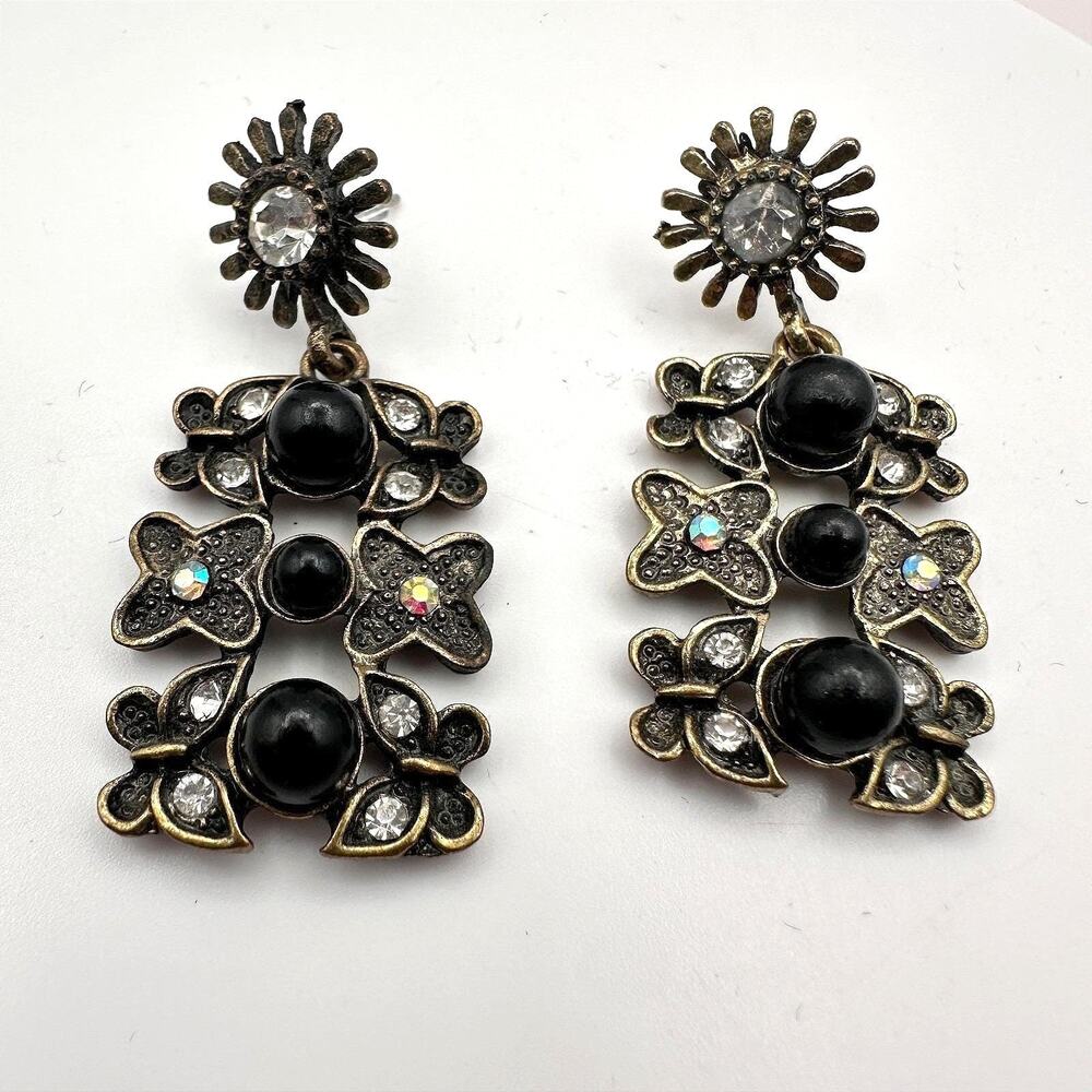 Vintage 90s Butterfly Dangle Earrings Black Beads Rhinestone Gold Tone Statement